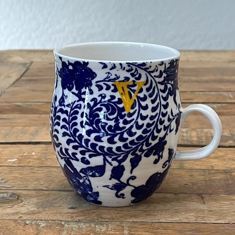 Anthropologie Homegrown Monogram Mug 4.5" Blue Floral With Yellow 'V' Accent